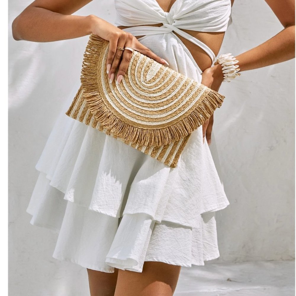 Clutch Fringe Trim Flap Straw Bag - Picture 2 of 7